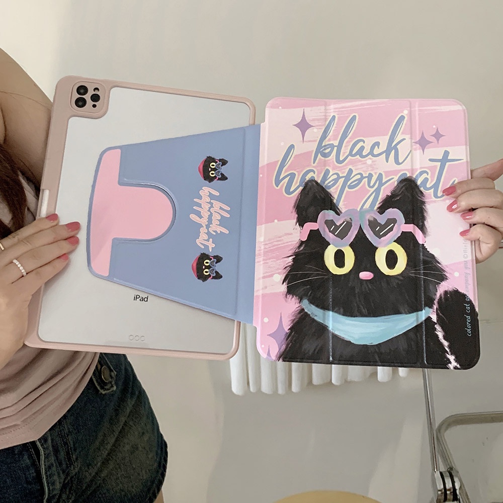 Vỏ cứng acrylic màu đen happy cat pattern case tương thích với ipad mini6 ipad5 6 7 8 9 air air air1 air2 air4 air5 10.9 "pro11 2018 2020 2021 2022 bao da