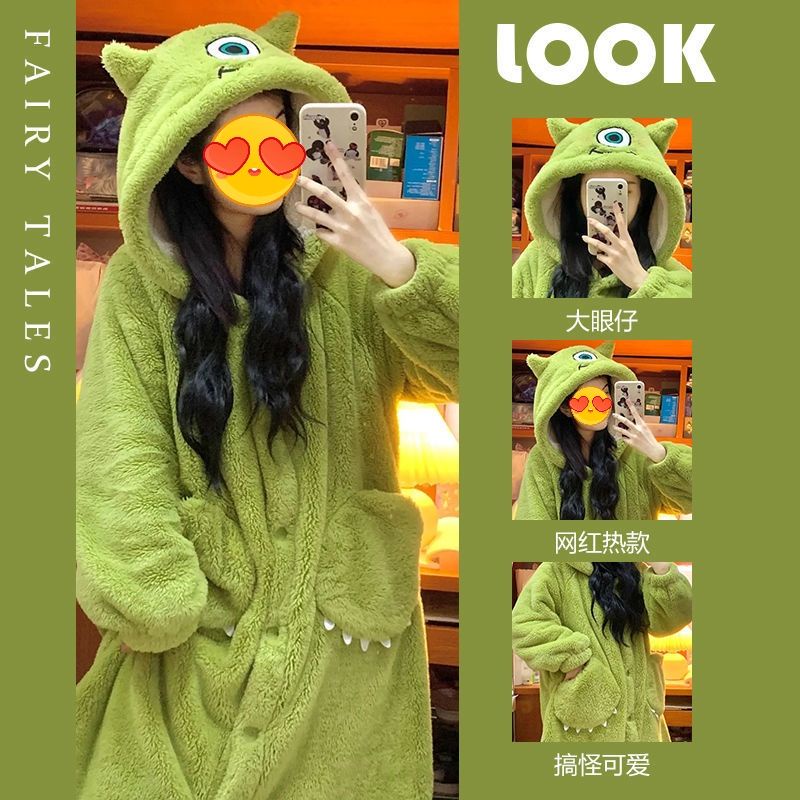 Đầm Ngủ Lông Cừu San Hô Dày Dặn Họa Tiết Đôi Mắt To Dễ Thương Thời Trang Mùa Đông 2023 Cho Bạn Gái