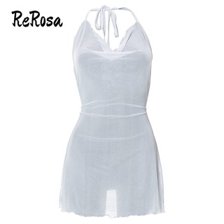Rerosa women mini dress solid color translucent off shoulder backless 2023 simply new style slim fit không tay
