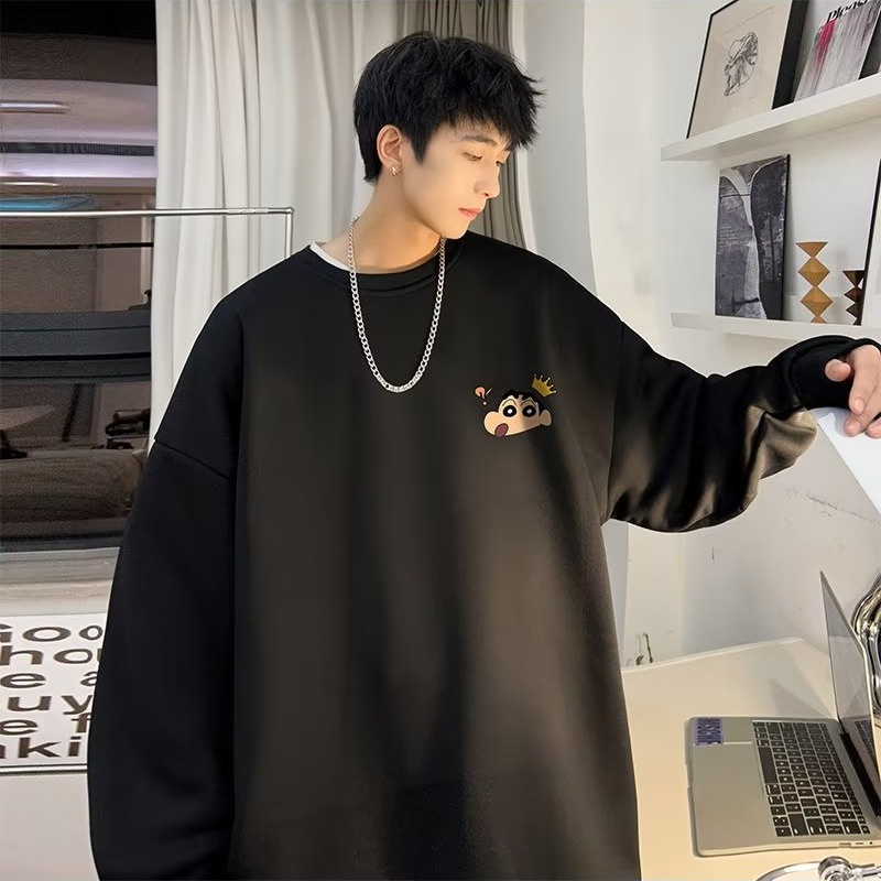 Sweater nam form rộng big size tới 120kg Nhật Bản Cartoon Crayon In ấn Shin Unisex Thời Trang Trẻ Trung