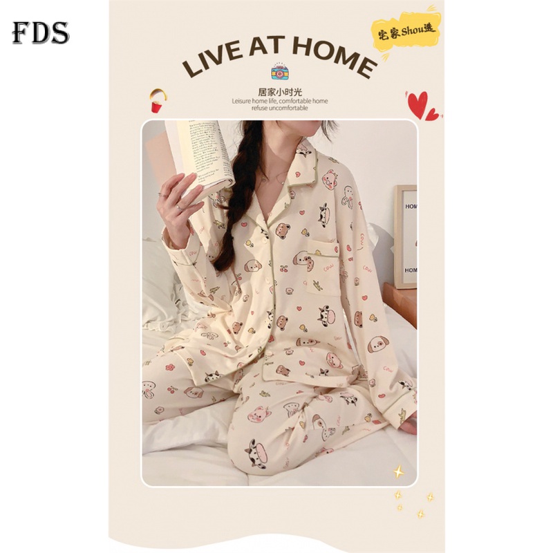 Bộ đồ ngủ FDS gồm áo tay dài và quần dài họa tiết cún dễ thương thời trang thu đông thoải mái dành cho nữ