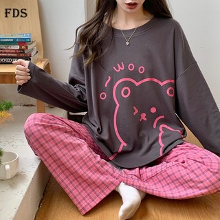 Bộ đồ ngủ FDS mềm mại dài tay họa tiết gấu caro hoạt hình dễ thương thoải mái thời trang thu đông dành cho nữ