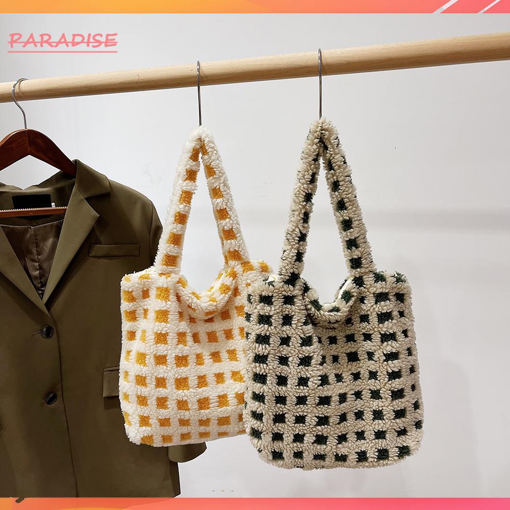 Túi Xách Đeo Vai Bằng Vải Lông Họa Tiết Kẻ Sọc Thời Trang Mùa Đông Có Tay C