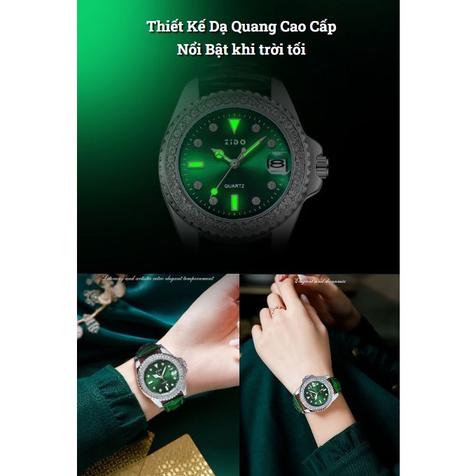 Đồng hồ nữ ZIDO có lịch ngày dây da mặt tròn đính đá full viền sang trọng Ksport86 bảo hành 6 tháng