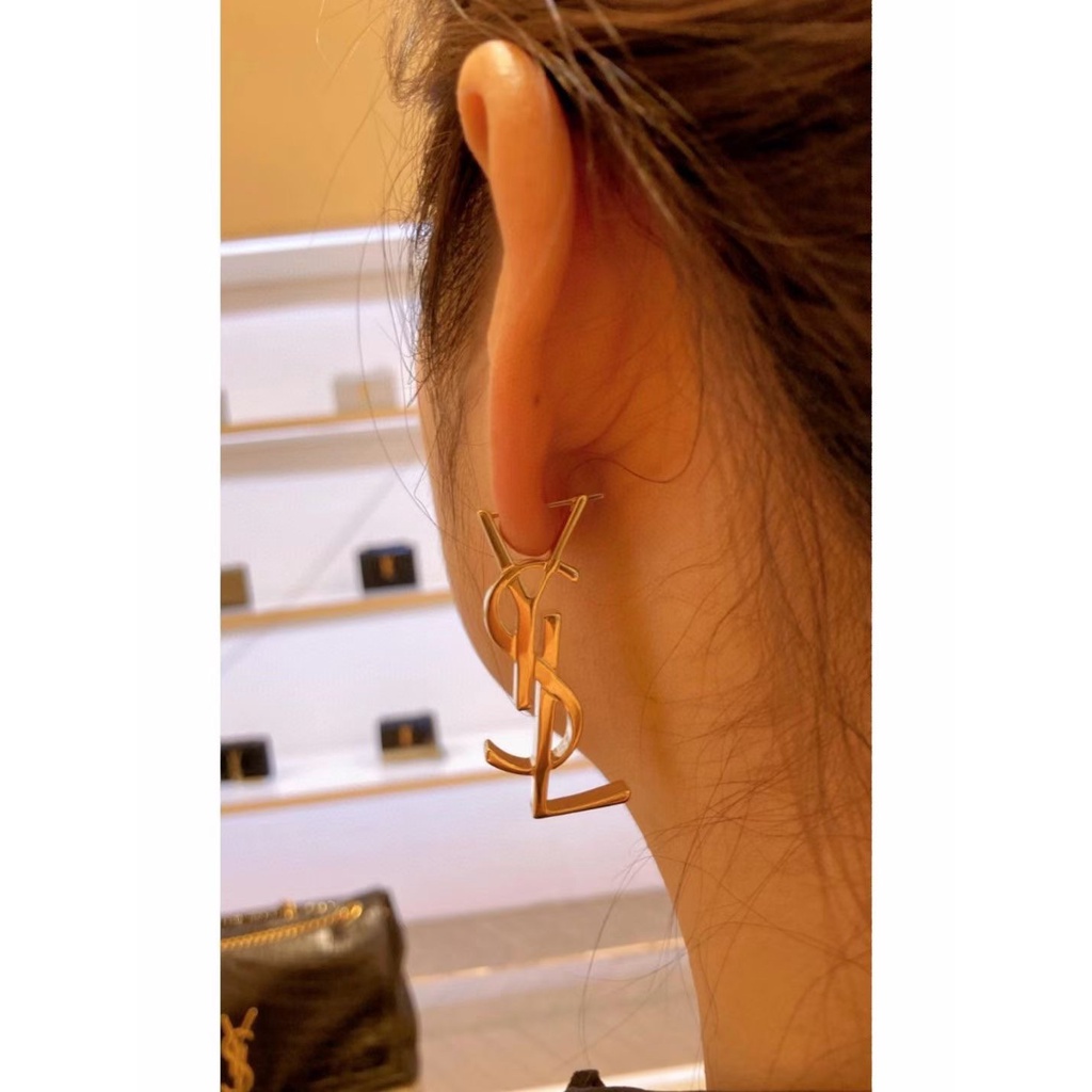 Ysl bông tai titan thép chữ logo ear hoop stud earrings trang sức của phụ nữ