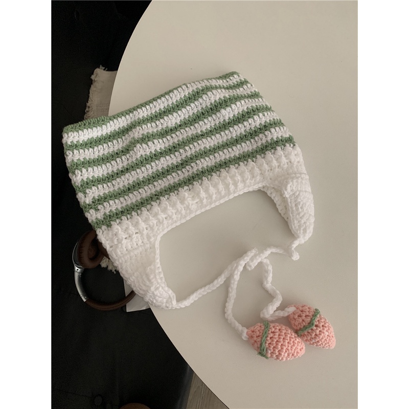 Ya Yabi Mũ Len Dệt Kim Chui Đầu Đính Quả Bông Tròn Kẻ Sọc Thủ Công Phong Cách Yabi Cho Nữ Linna