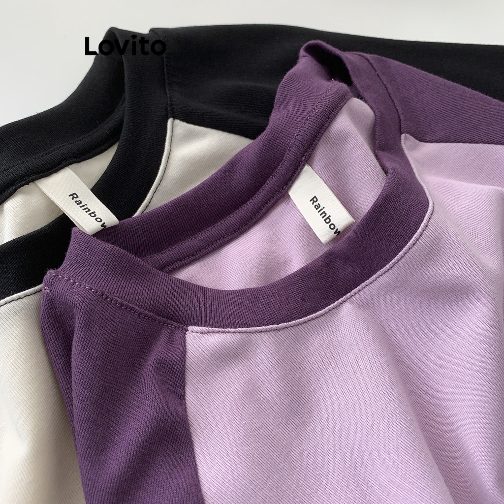 Áo thun Lovito baby tee tương phản phối dây rút họa tiết chữ thường ngày cho nữ LNE18025