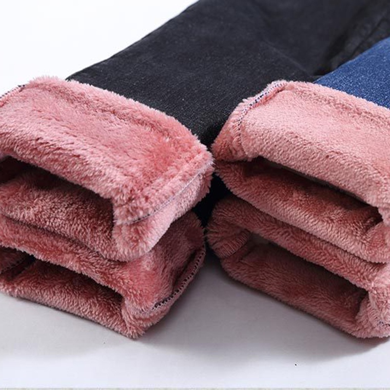 Women's high-waisted fleece jeans blue / black stretch quần cắt