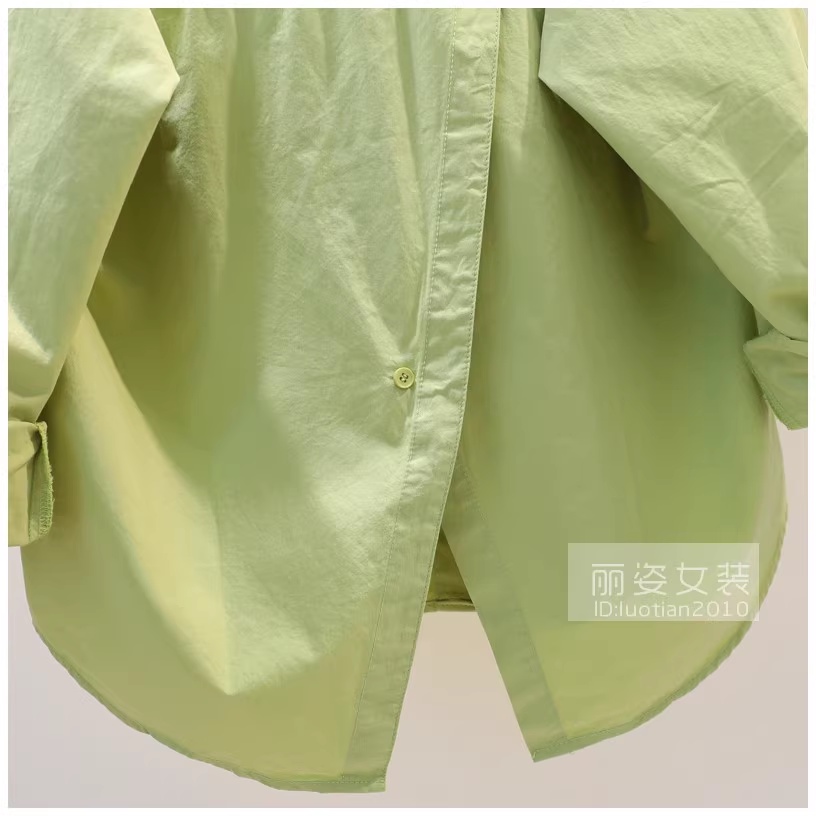 Lưng Áo Sơ Mi cotton Tay Dài Dáng Rộng Xẻ Tà Màu Xanh Lá Cây Phong Cách Hàn Quốc Thời Trang Mùa Thu 2023