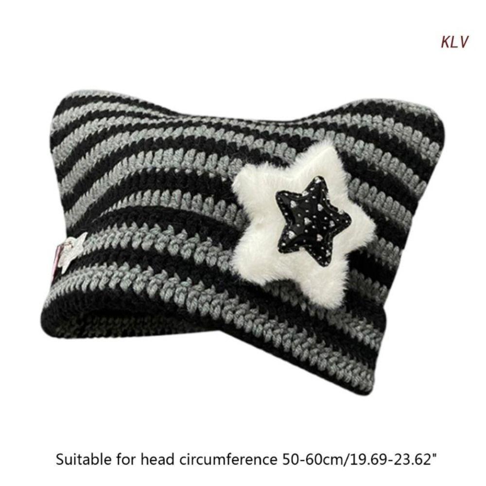 Muvako Mũ len dệt kim, với mũ chui đầu năm cánh pompom, quỷ nhỏ sọc tai mèo dễ thương mũ beanie thu đông