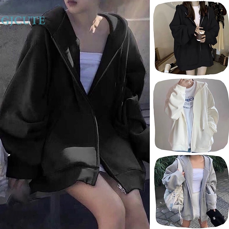 Áo khoác hoodie GJCUTE dài tay khóa kéo phong cách ulzzang unisex oversize cho nữ