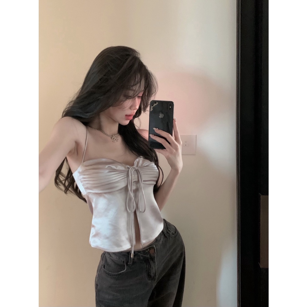 「Nonfatgirl」Áo Hai Dây satin Ngắn Sát Nách Màu Bạc Sáng Sang Trọng Nóng Bỏng Cho Nữ