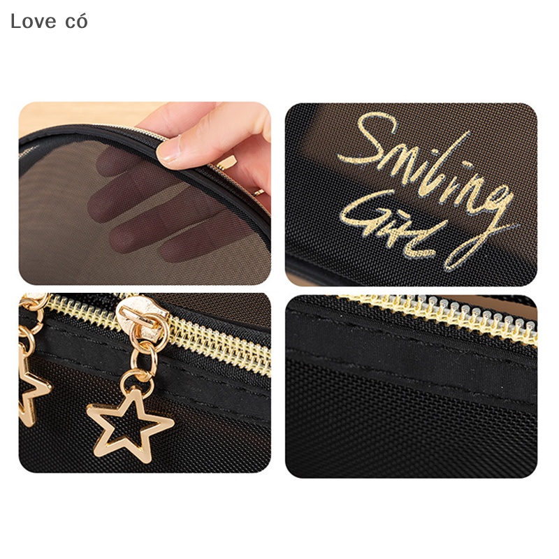 Love có túi trang điểm lưới túi đựng mỹ phẩm màu đen và trái tim túi có dây kéo di động túi giặt love