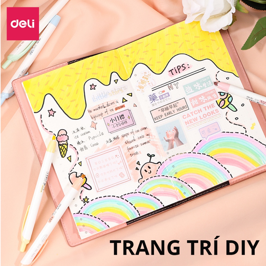 Set 6 bút highlight dạng bấm nhớ dòng đánh dấu màu pastel tươi sáng cute Deli dạ quang tiện lợi cho học sinh văn phòng