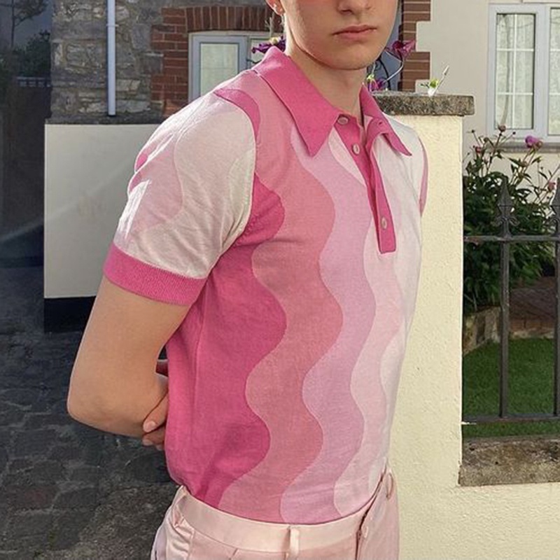 INCERUN Áo POLO Dệt Kim Ngắn Tay Họa Tiết Gợn Sóng Màu Gradient Cá Tính