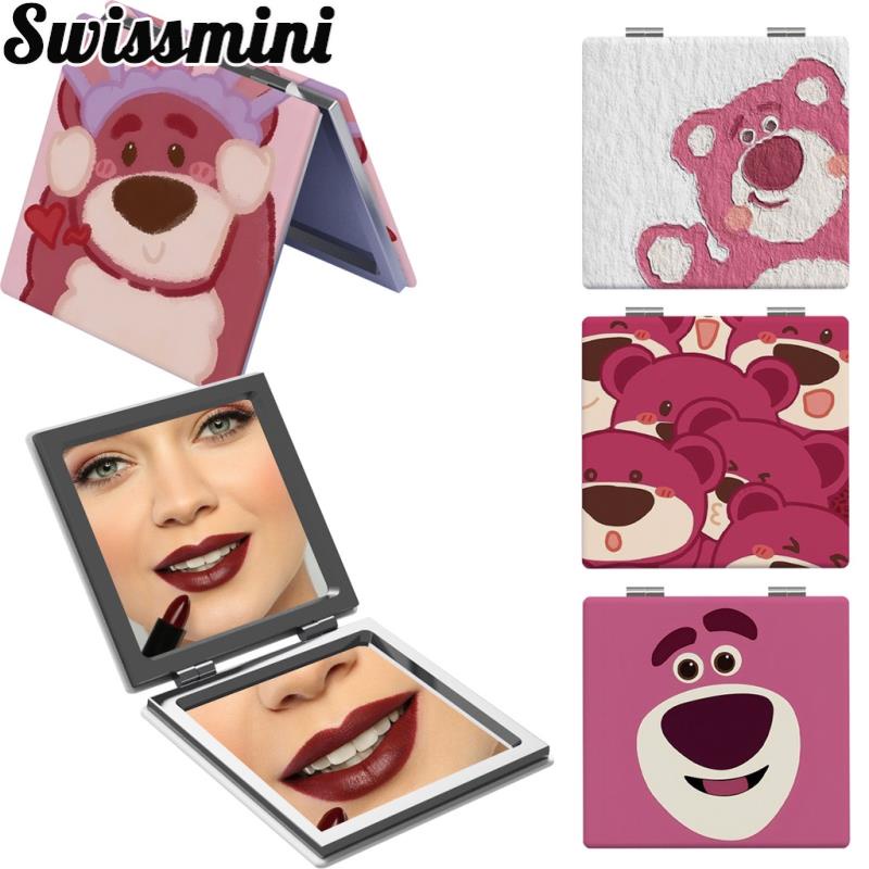 Gương Trang Điểm Cầm Tay Mini Hai Mặt Hình Vuông Bằng Da PU In Họa Tiết Dâu Tây / Gấu Dễ Thương