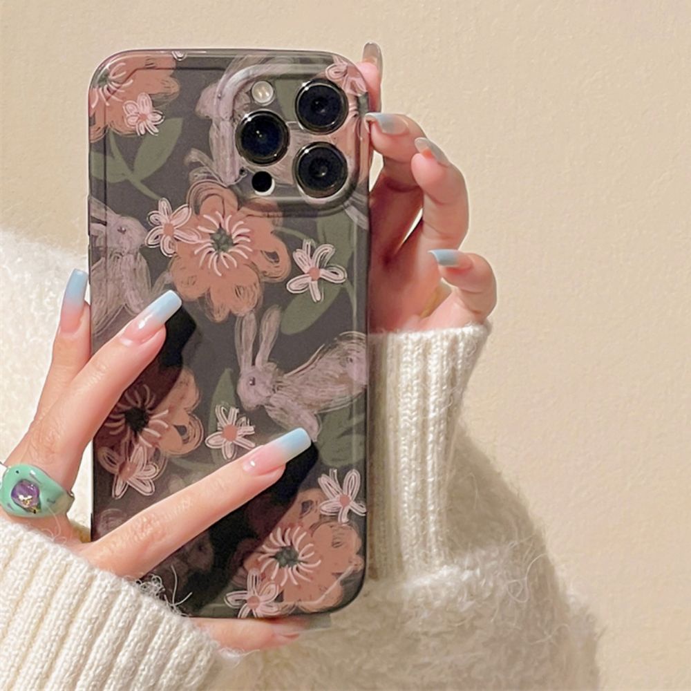 Ốp Điện Thoại IMD Mềm Bảo Vệ Ống Kính Họa Tiết Thỏ Và Hoa Sơn Dầu Cổ Điển Dành Cho IPhone 11 12 13 14 Pro Max