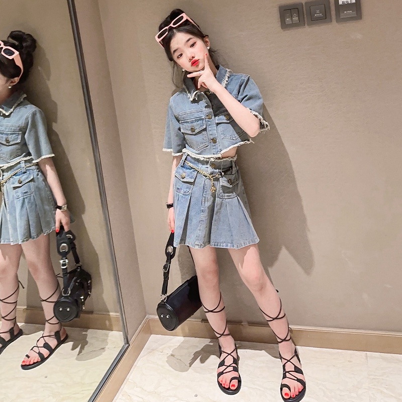 Set Áo Sơ Mi Ngắn Tay + Chân Váy Denim Thời Trang Mùa Hè Cho Bé Gái