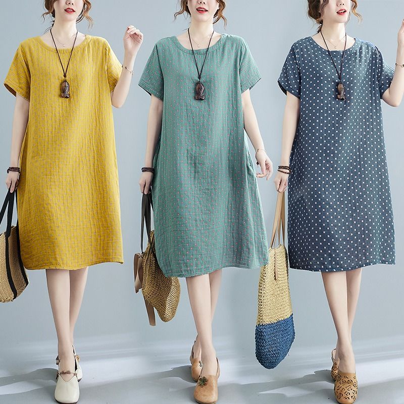 Ốp Điện Thoại Thời Trang Cho G437900 G43790# Đầm Maxi Cotton Lanh Mỏng Tay Cộc Dáng Rộng Kích Thước Lớn Mùa Hè Ghép Mảnh Ghép Nối Tay Cộc Cổ Điển Cho Phụ Nữ Mang