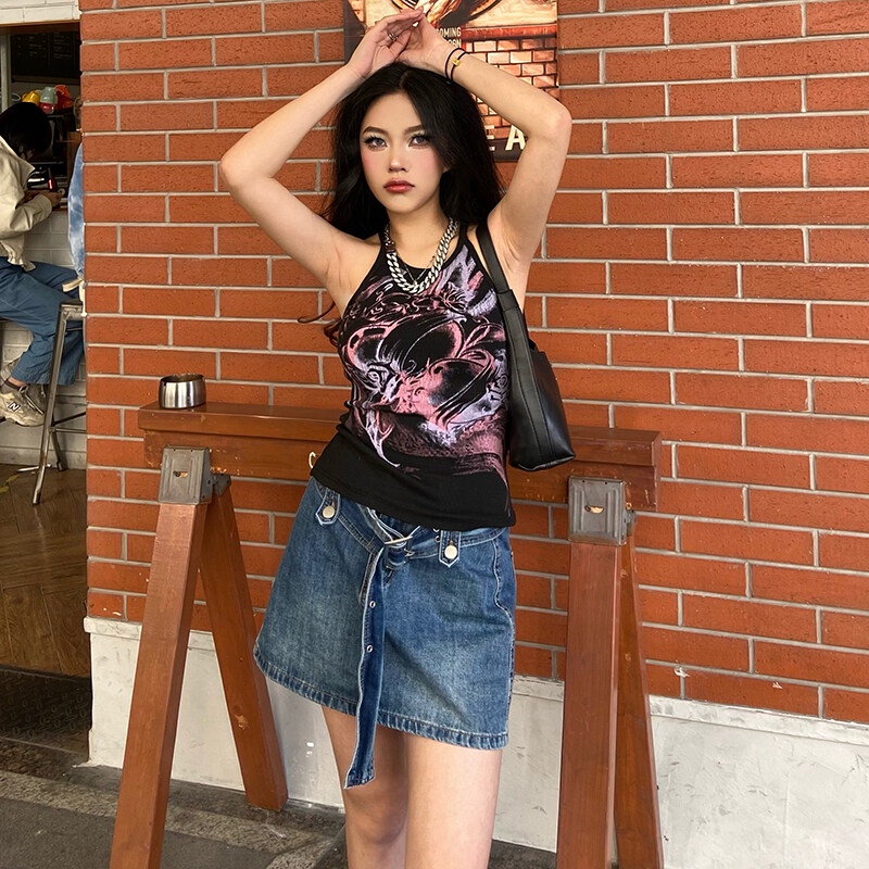 Áo Hai Dây Mùa Hè Dáng Ôm Co Giãn In Họa Tiết Hoa Y2K Cho Nữ