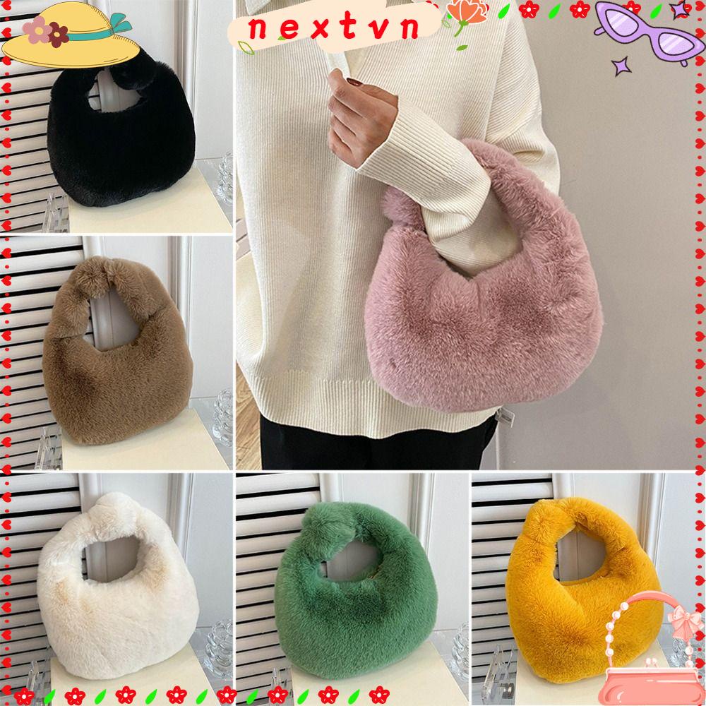 Túi Xách Đeo Cổ Tay Phủ Lông Giữ Ấm Hình Bán Nguyệt Thời Trang Nữ