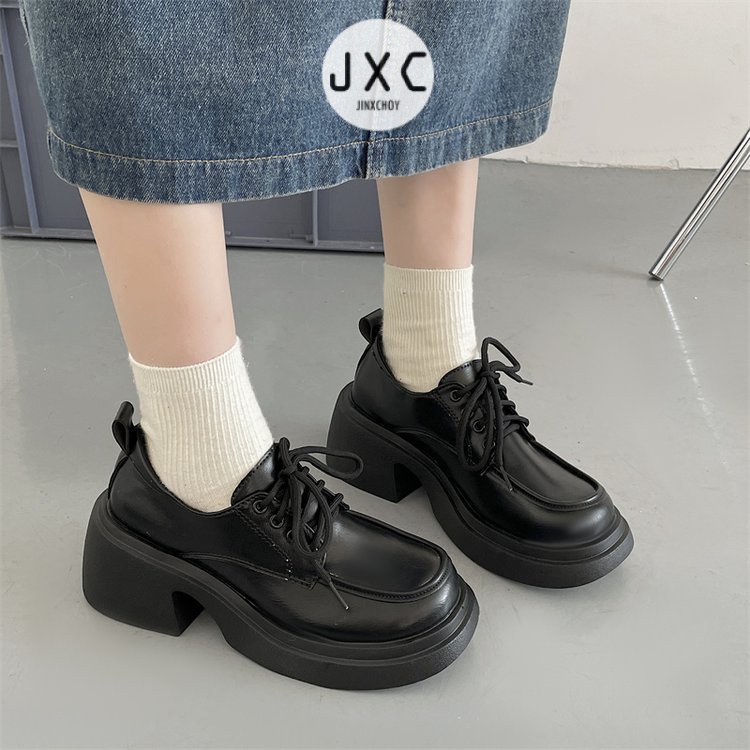 JINxCHOY Giày Tây JINXCHOY Mũi Tròn Màu Trơn Cột Dây Đơn Giản Thời Trang Retro Anh Quốc