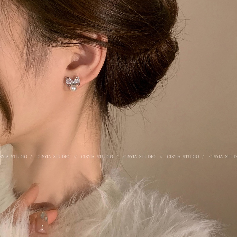 Khuyên Tai Hình Nơ Đính Ngọc Trai Nhân Tạo Cao Cấp Phong Cách Thời Trang Mới 2023