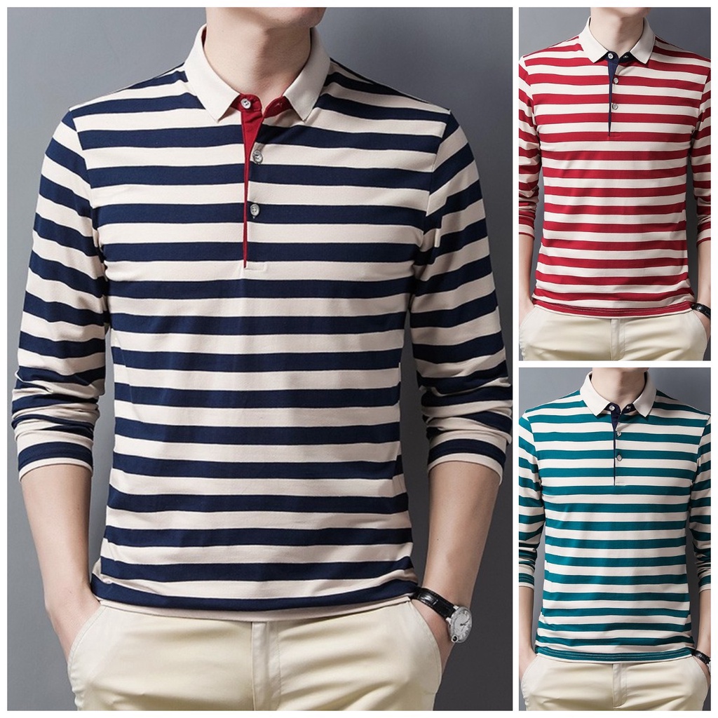 Áo Sơ Mi Polo Tay Dài Kẻ Sọc Xanh Lá / Đỏ Mềm Mại Thoải Mái Thời Trang Công Sở Cho Nam