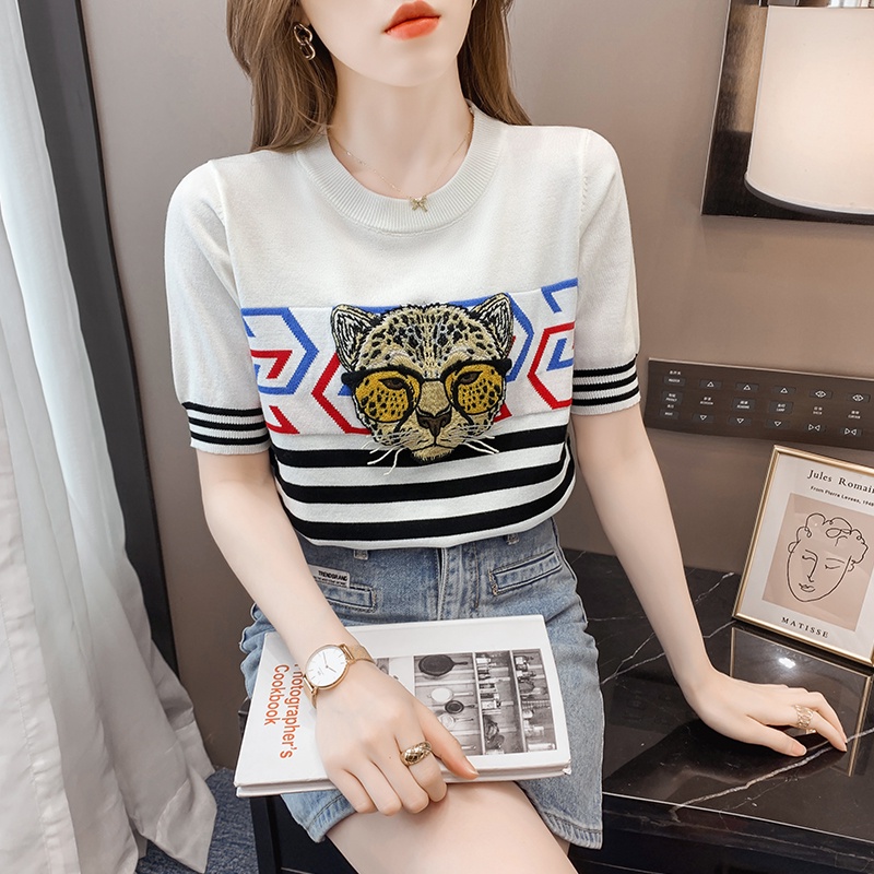 Áo Thun Lụa Lạnh Dệt Kim Tay Ngắn Họa Tiết Đầu Hổ Hoạt Hình Thời Trang Mùa Hè Cho Nữ