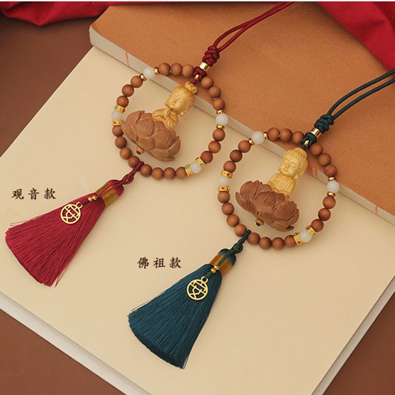 Dây Treo Trang Trí Gương Chiếu Hậu Xe Hơi 4.3 Bằng Gỗ Đào Phong Cách Phật Giáo Cao Cấp