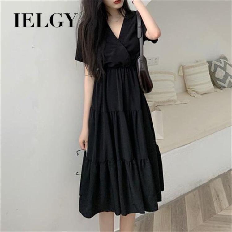 IELGY  Đầm Dài Cổ Chữ v Màu Đen Phong Cách Pháp Thời Trang Cho Nữ