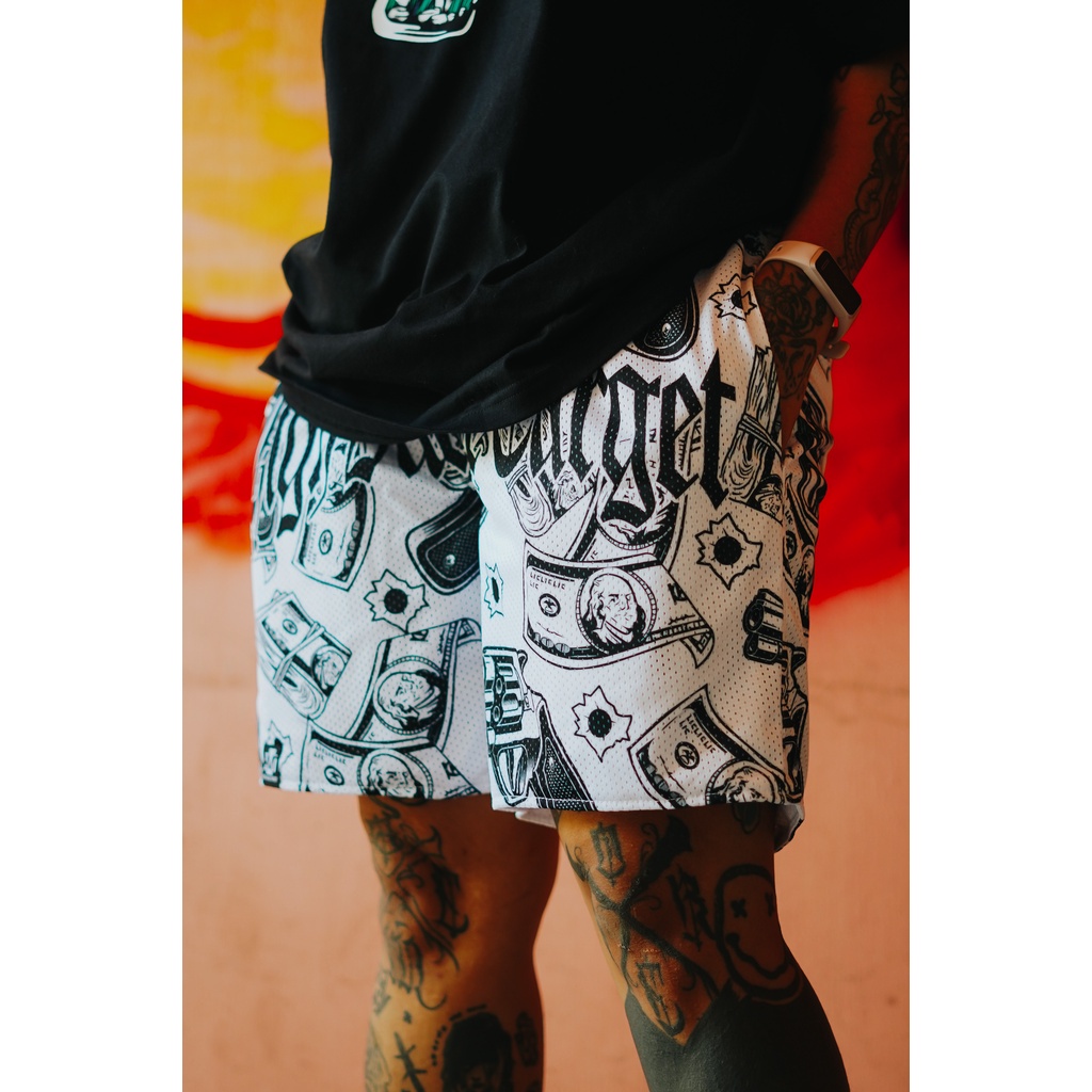 Quần Short Lưới Mục Tiêu Giá Trị Cao "Tiền & Súng" - Màu Trắng