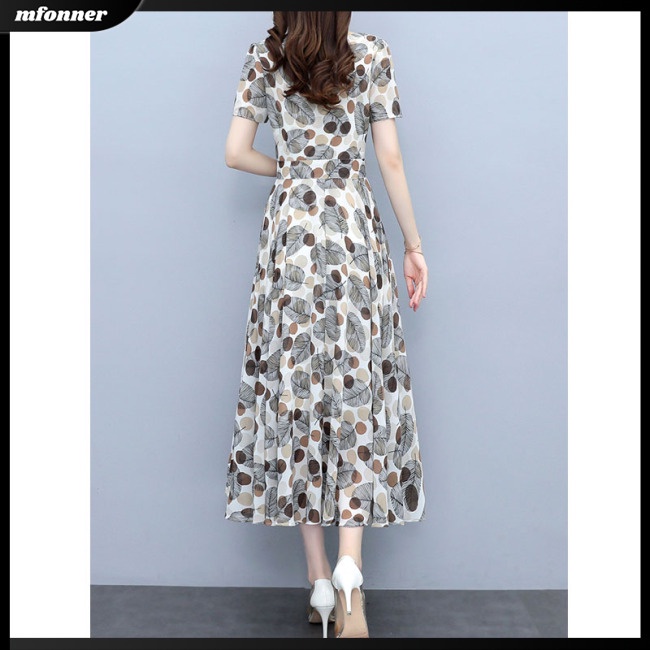 Đầm Dài Ôm Dáng Tay Ngắn Cổ Tròn In Họa Tiết Chấm Bi Kích Thước Lớn Thời Trang Mùa Hè Cho Nữ
