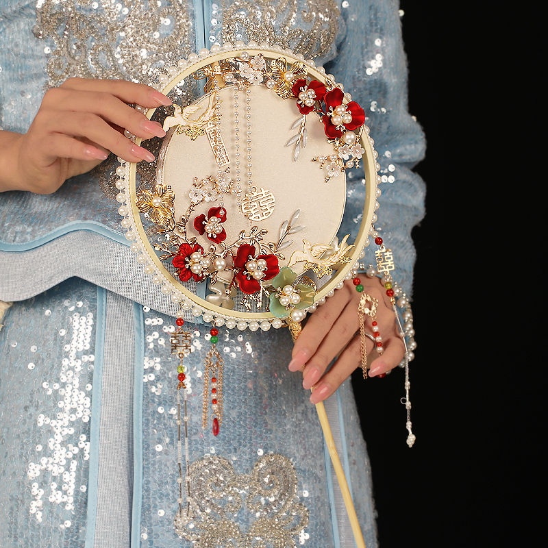 Quạt Cầm Tay Hai Cánh Tròn Thủ Công Phong Cách Trung Hoa Cho Cô Dâu Đám Cưới diy