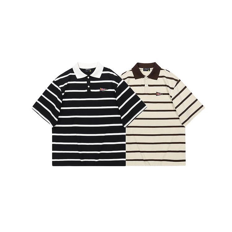 Áo Thun polo Tay Ngắn Dáng Rộng Họa Tiết Kẻ Sọc Phong Cách Nhật Bản Thời Trang Mùa Hè Cho Nam Và Nữ