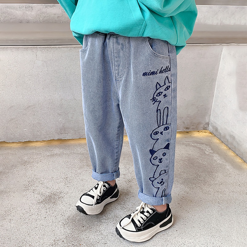 Quần Jeans Ống Rộng Co Giãn Thêu Họa Tiết Hoạt Hình Phong Cách Hàn Quốc Cho Bé Gái 0-6 Tuổi