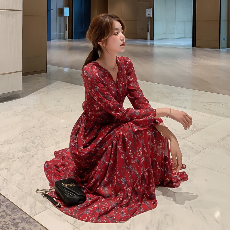 Đầm chiffon Dài Qua Gối Tay Dài Lưng Cao Dáng Ôm Màu Đỏ Rượu Vang Phong Cách retro Cao Cấp Dành Cho Nữ