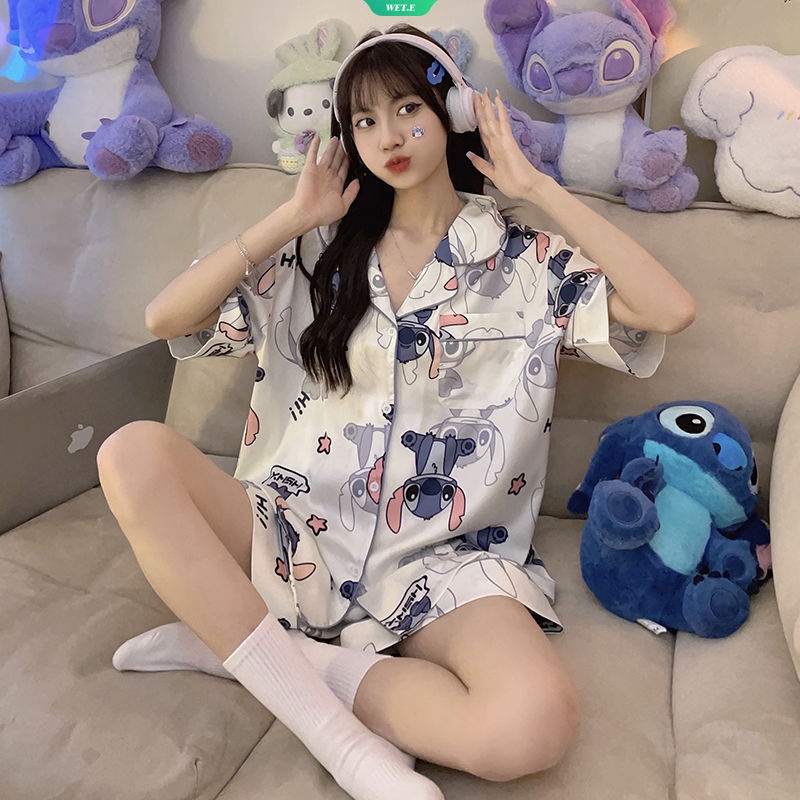 Bộ Đồ Ngủ Ngắn Tay Họa Tiết Stitch Hoạt Hình Đơn Giản Thoải Mái Cho Nữ