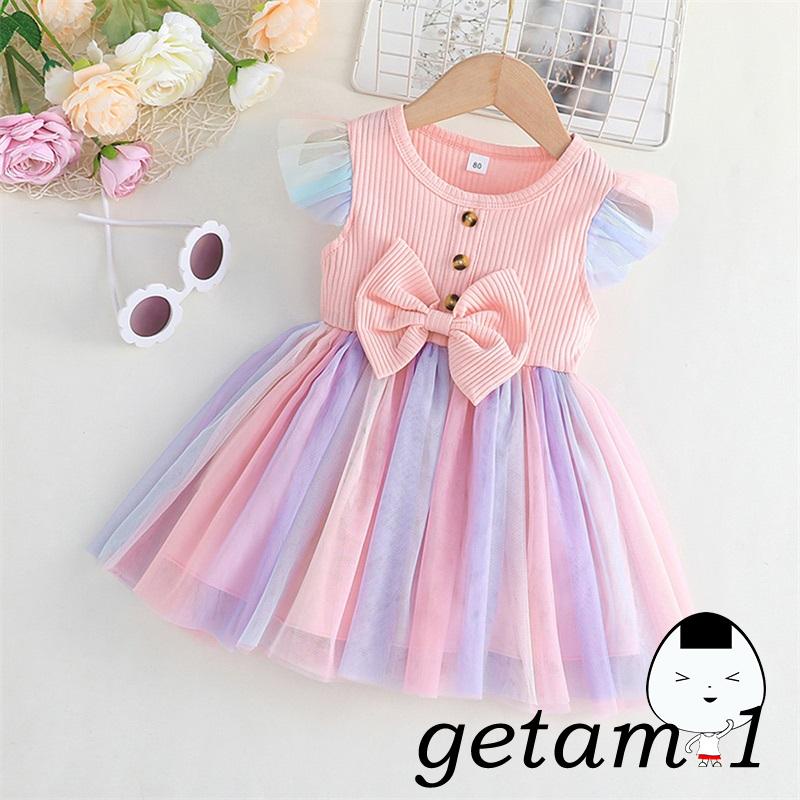 Đầm Dáng Chữ A Phối Lưới Tay Bay Thắt Nơ Màu Cầu Vồng Thời Trang Mùa Hè Cho Bé Gái