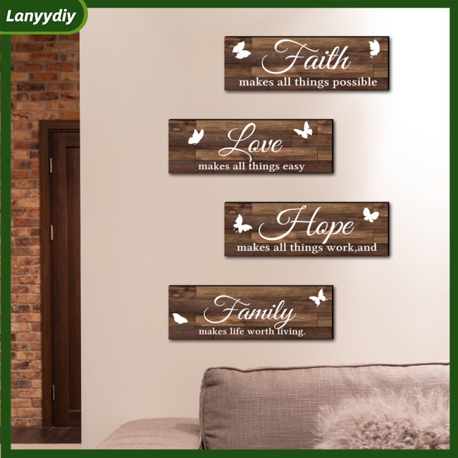 Lanydiy Bảng Gỗ In Chữ Family Love Faith Hope Bướm Mộc Mạc Trang Trí Tường Cửa Ra Vào