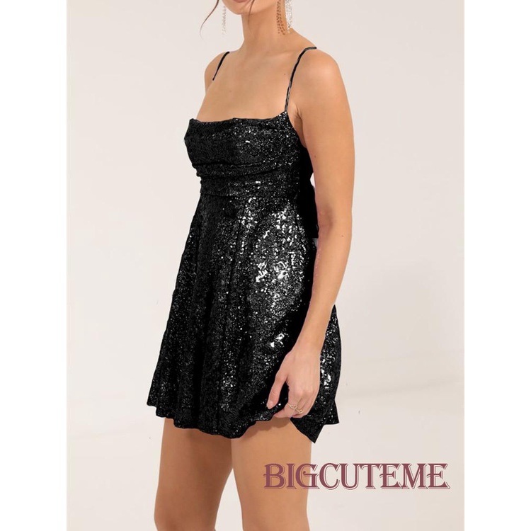 [] - Đầm Hai Dây Mini Hở Lưng Đính Kim Sa Màu Tím / Đỏ / Đen / Xanh Lá Mùa Hè Cho Nữ