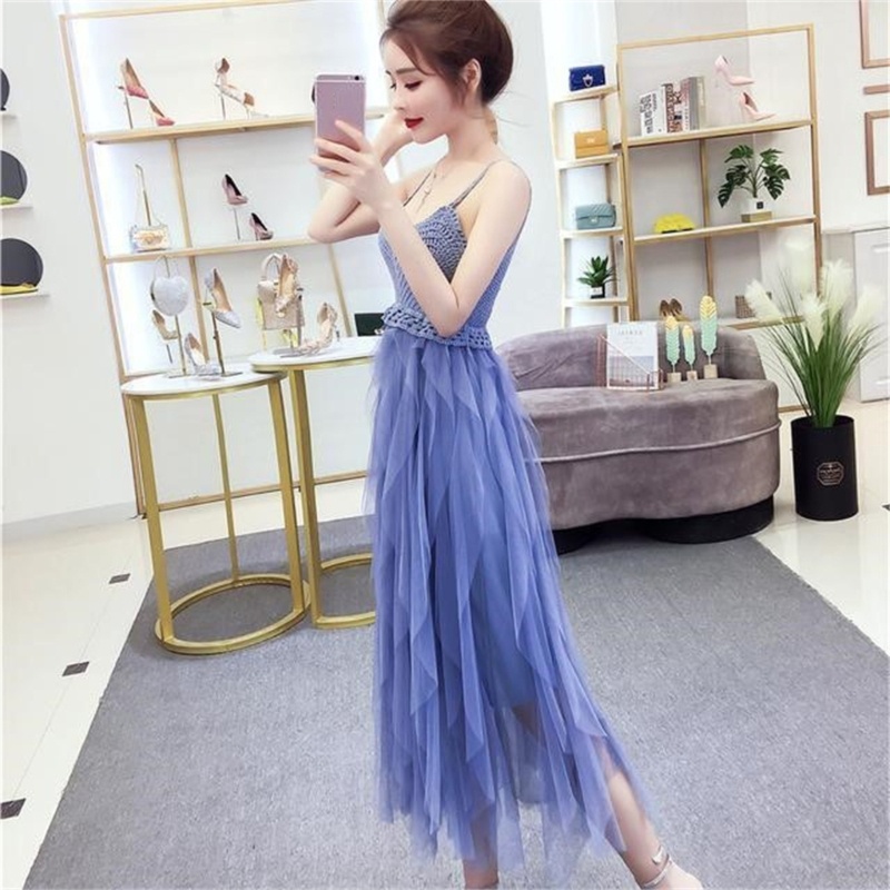 Xiangbao Đầm Midi Dệt Kim Hai Dây Dáng Dài Cổ Chữ V Vải Tuyn Lưới Xuyên Thấu Nhiều Lớp Ngọt Ngào Cho Nữ D