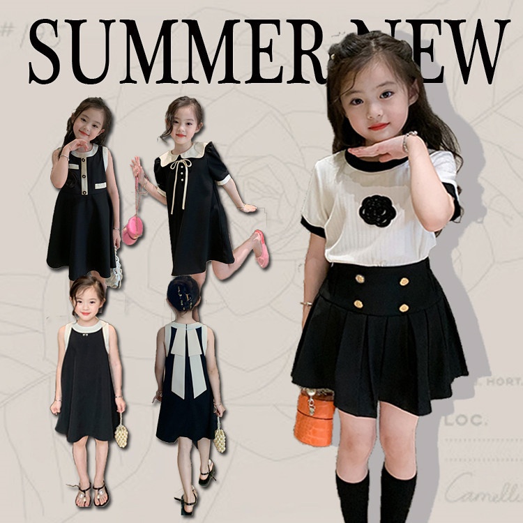 Set Áo Thun Ngắn Tay + Đầm Chanel Thời Trang Mùa Hè Cho Bé Gái