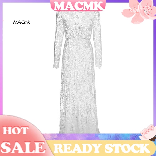 Đầm Maxi Dài Tay Cổ Chữ V Phối Ren Xuyên Thấu Gợi Cảm