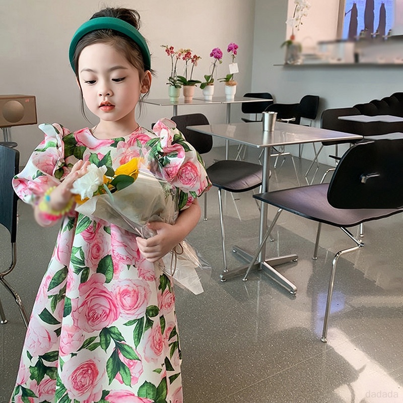 Đầm Hoa Tay Phồng Ngắn Cổ Tròn Phối Bèo Thời Trang Mùa Hè Hàn Quốc Cho Bé Gái