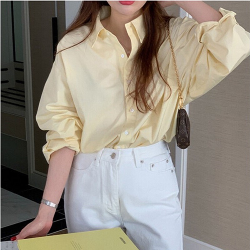 SUXI Áo Sơ Mi Tay Dài Dáng Rộng Màu Sắc Đơn Giản Phong Cách Hàn Quốc Thời Trang Cho Nữ