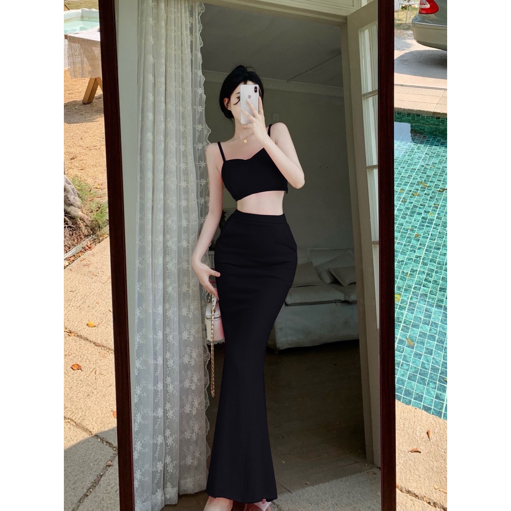 Bộ Áo Ống Màu Trơn + Chân Váy Đuôi Cá Lưng Cao Thời Trang Mùa Hè Quyến Rũ Cho Nữ