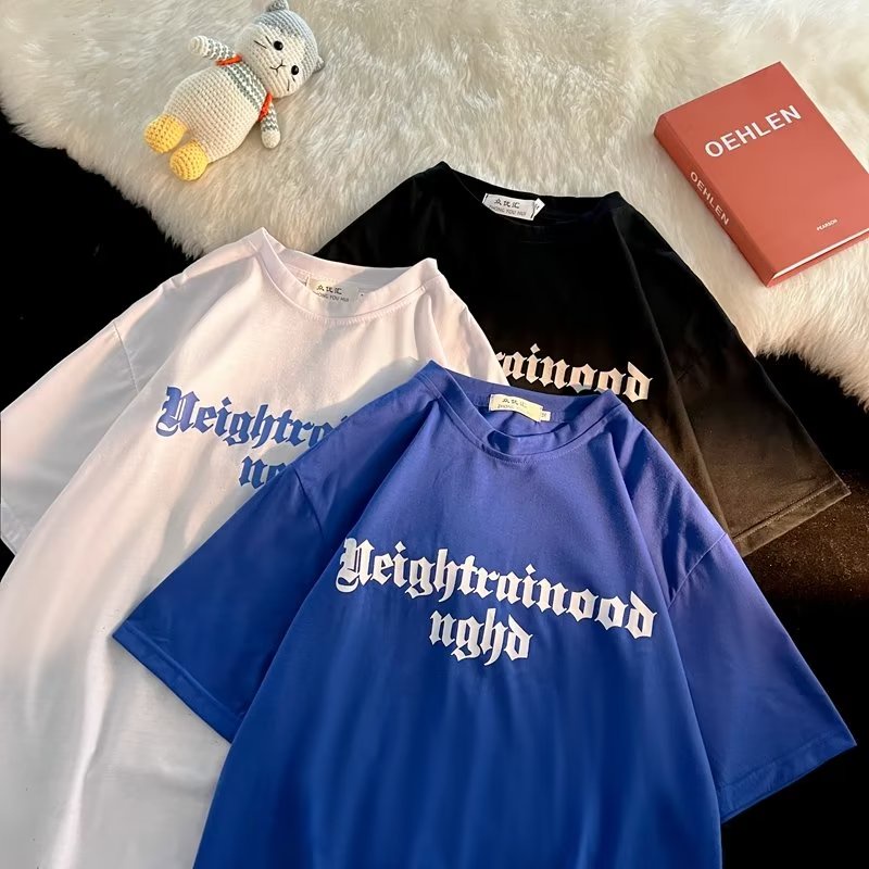 Áo Thun Ngắn Tay Cổ Tròn Dáng Rộng Phong Cách Đường Phố Cá Tính Cho Nam Nữ