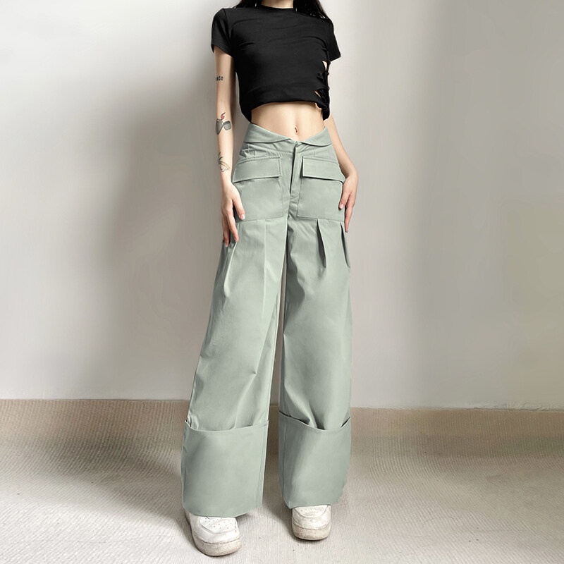 Kliou Quần Dài Dáng Rộng Lưng Cao Phối Túi Phong Cách Hip hop Mỹ Thời Trang 2023