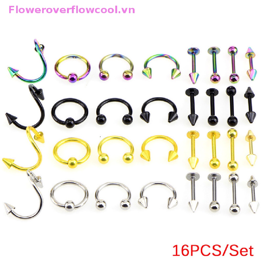 Bộ 16 Khuyên Xỏ Cơ Thể Bằng Thép Không Gỉ Hình Xoắn Ốc